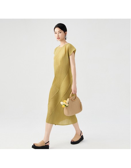 Pleated Dress Irregular Casual Style Solid Colour Slim Round Neck Short Sleeve Folded Midi Length Skirt