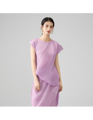 Pleated Irregular Set Temperament Round Neck Sleeveless T-Shirt Twill Solid Colour Half-body Skirt
